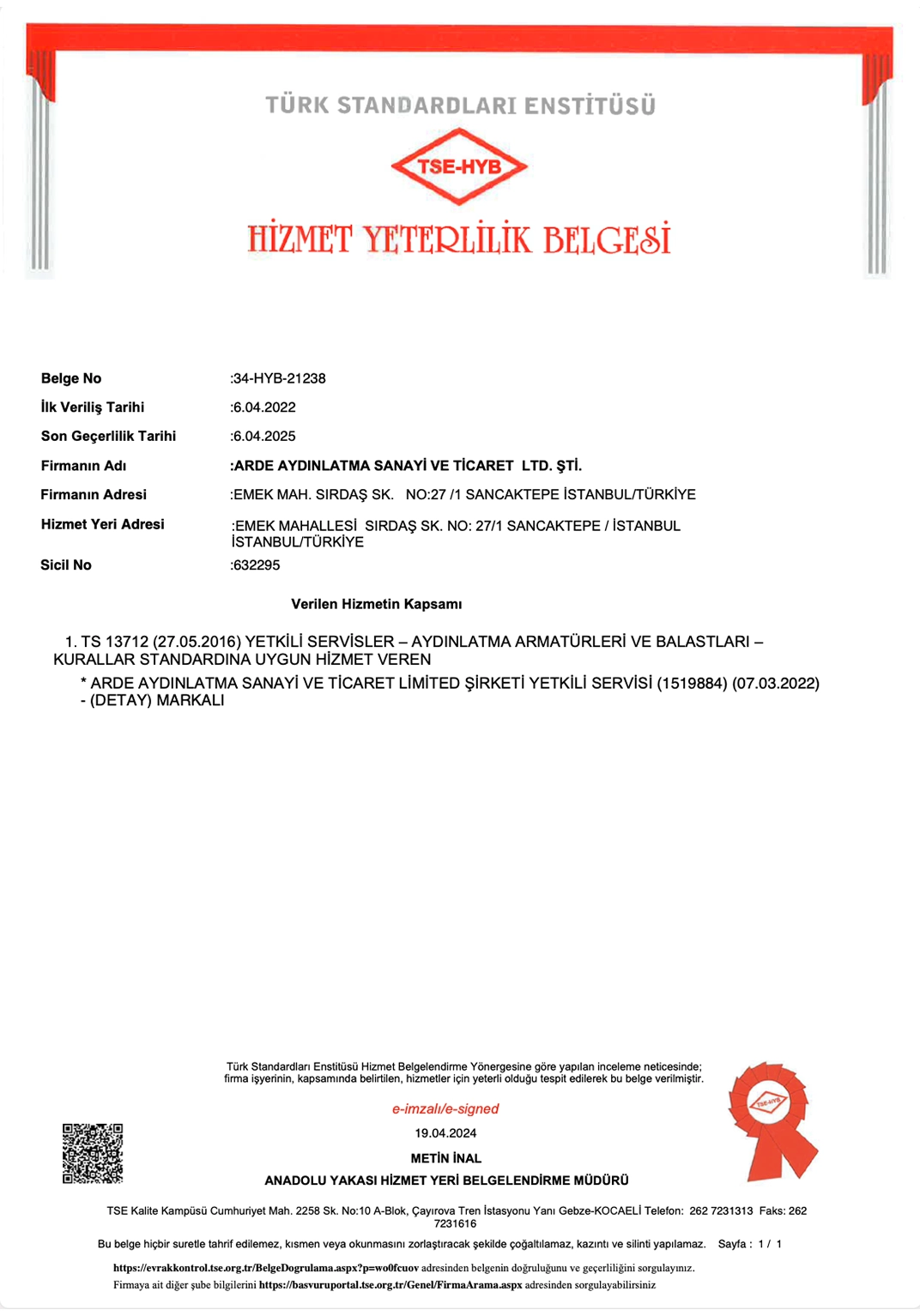 TSE Hiz. Yet. Belgesi